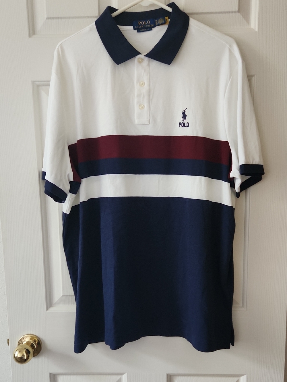 Polo by Ralph Lauren White, Navy & Burgundy Coloblock Striped Polo Shirt